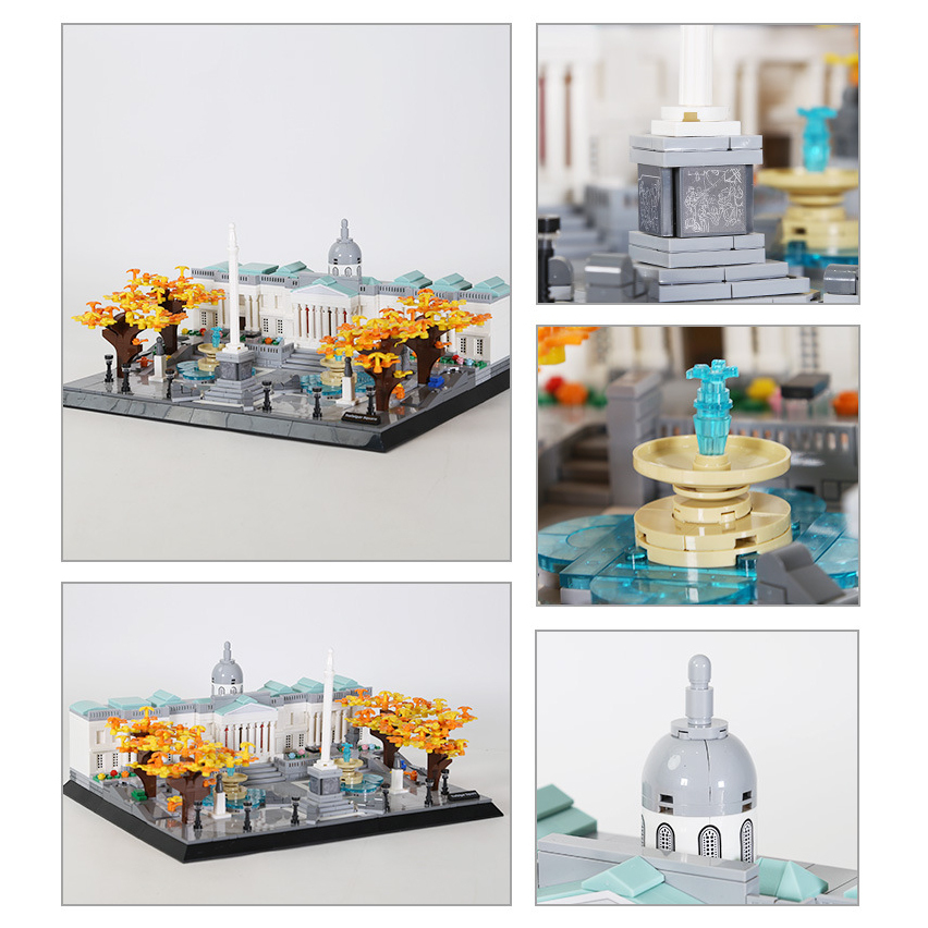 Trafalgar Square building blocks model with detailed architecture, central column, fountains, autumn trees, and close-up views of structural elements