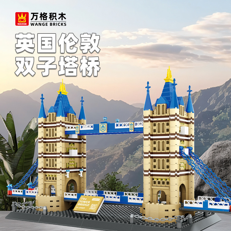 Tower Bridge London building blocks model with detailed twin towers, blue suspension elements, and display base, set against a scenic background for a decorative and collectible look