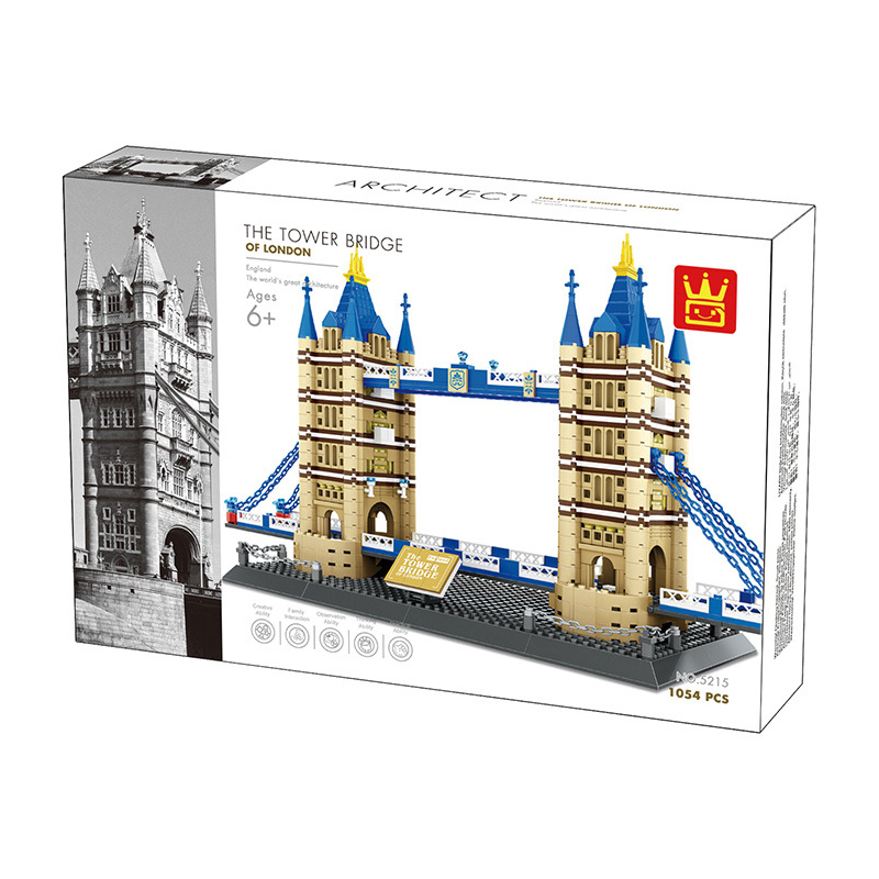 WANGE Tower Bridge building blocks set packaging showing completed model, architectural details, and product presentation box design