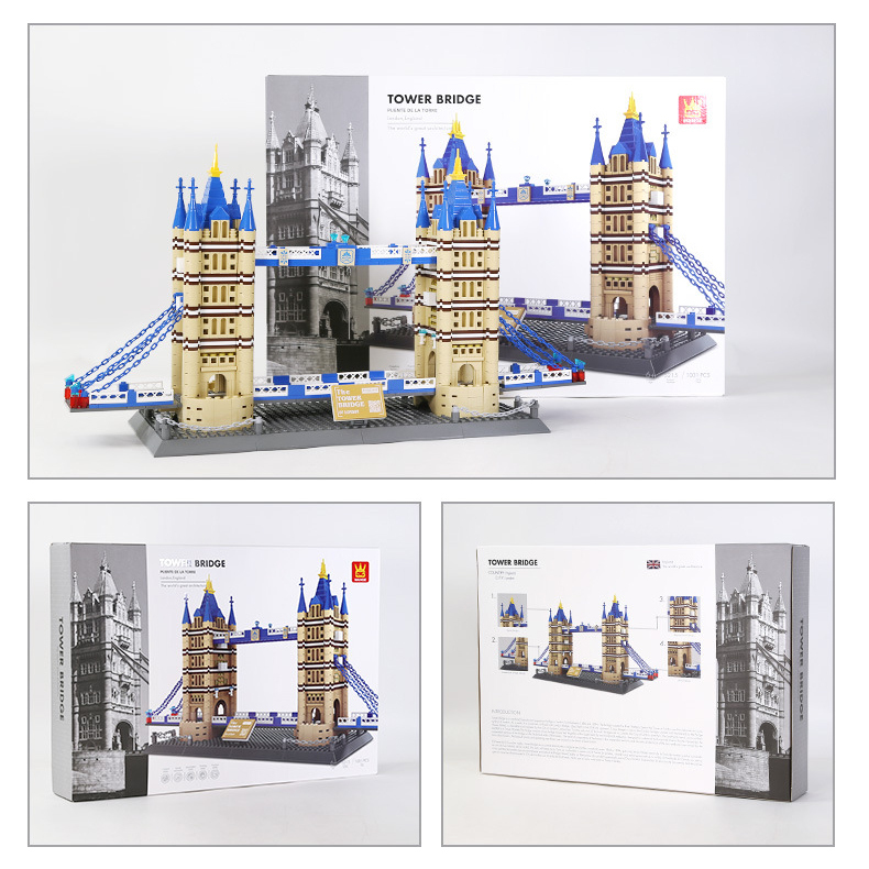 WANGE Tower Bridge building blocks model displayed with packaging box, highlighting finished build, product design, and collectible presentation