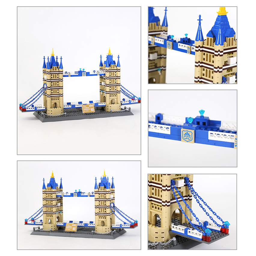 Tower Bridge building blocks model with multiple views showing twin towers, bridge structure, suspension chains, and intricate architectural details