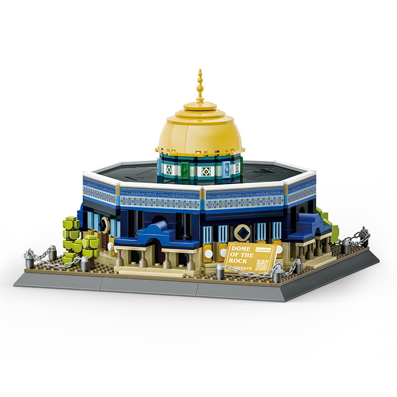 Dome of the Rock building blocks model on clean background, highlighting golden dome, geometric patterns, and architectural details for display and collection