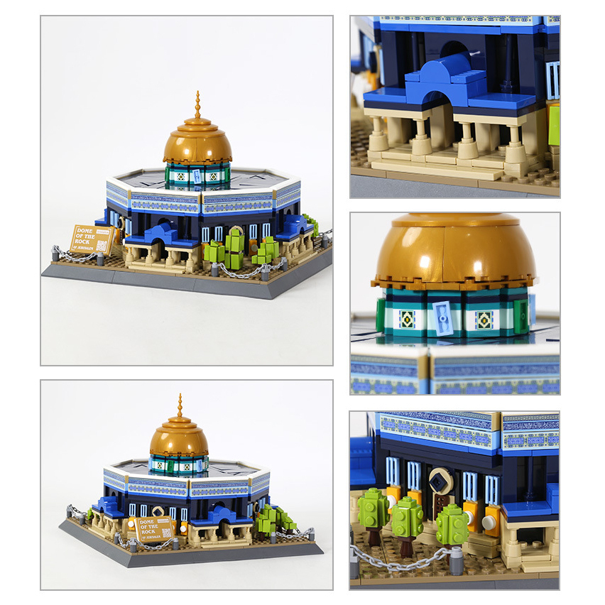 Dome of the Rock Jerusalem building blocks model with multiple close up views, highlighting golden dome, arches, geometric patterns, and detailed base elements