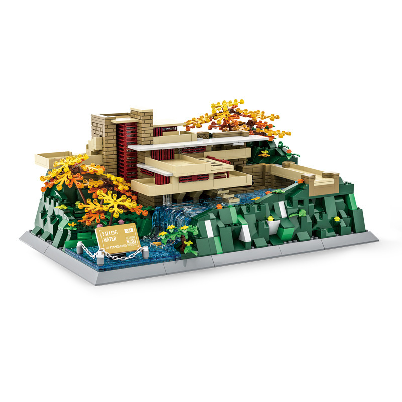 Fallingwater architecture building blocks model featuring cantilevered structure, rocky base, flowing water elements, and natural landscape design for display or collection