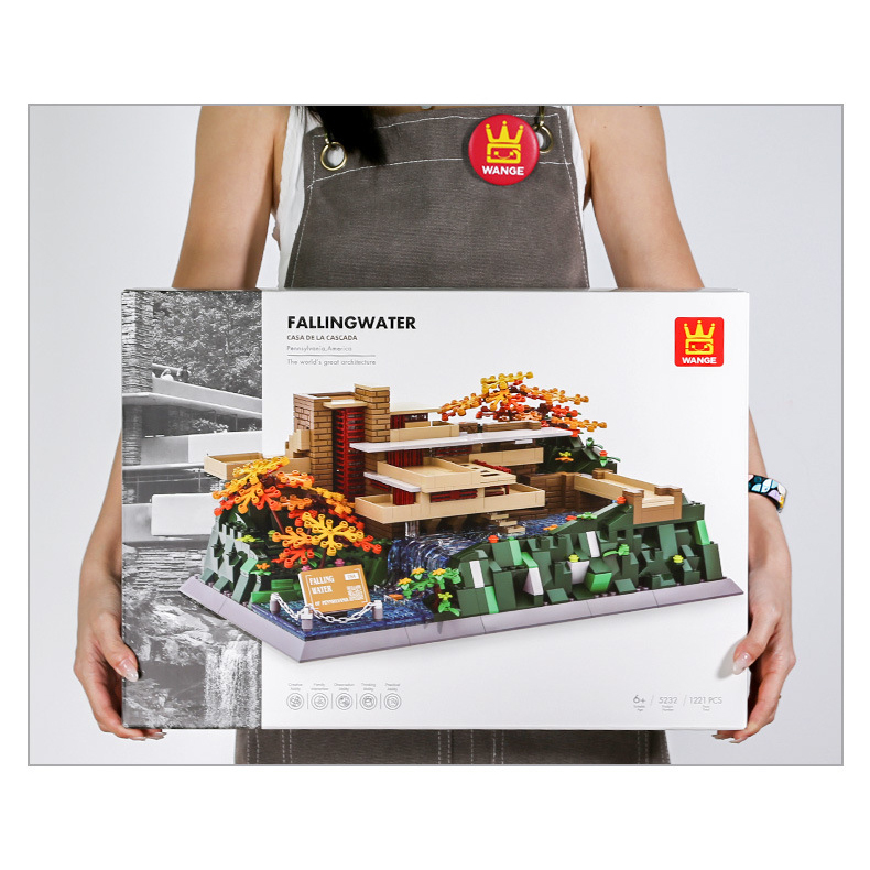 Fallingwater building blocks set box showing full model design with layered structure, natural scenery, and display-ready architecture model concept