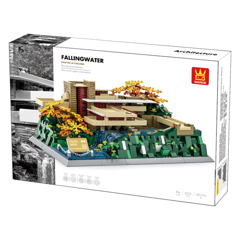 WANGE Fallingwater building blocks packaging box featuring detailed model artwork, waterfall design, and architectural landscape presentation