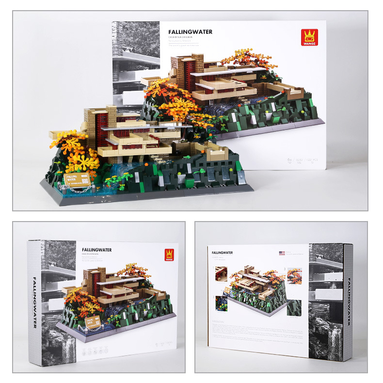 WANGE Fallingwater building blocks set with completed model and packaging box, showing front and back design for display, collection, or gifting presentation