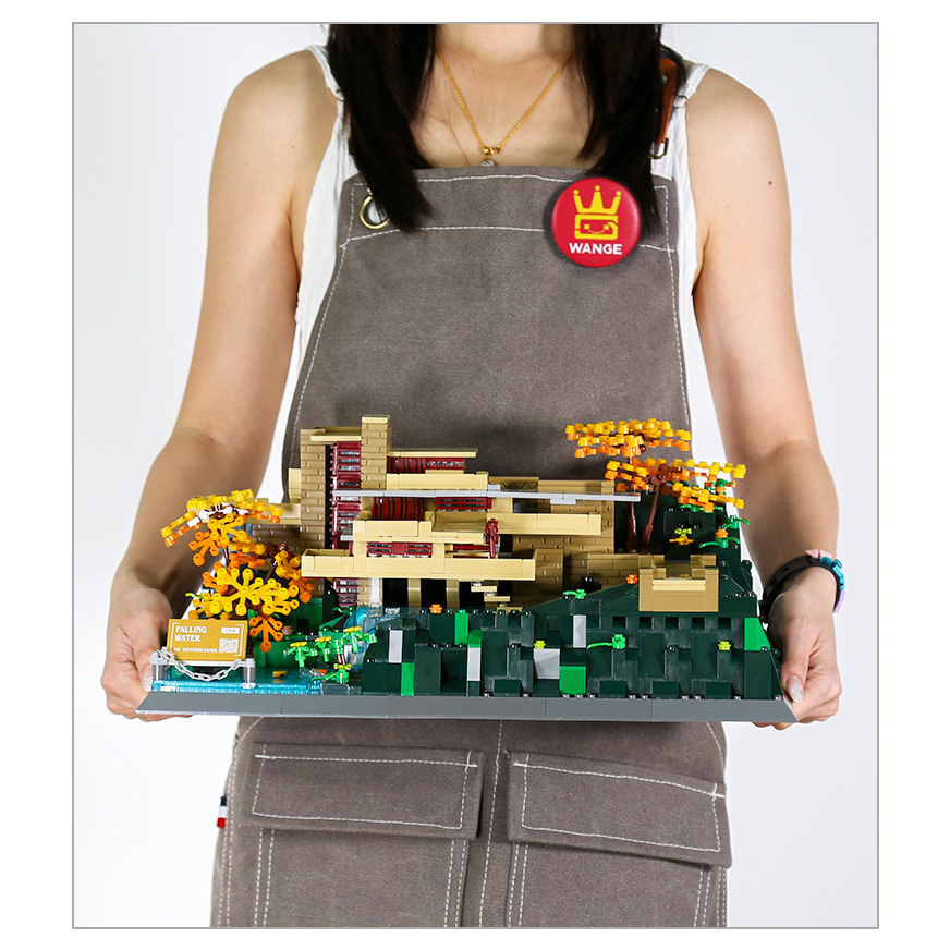 Fallingwater building blocks completed model displayed on base with waterfall, trees, and cantilevered structure, ideal for desk or shelf display