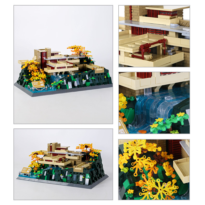 Fallingwater building blocks model with detailed close ups showing layered structure, balcony elements, waterfall feature, and autumn tree design