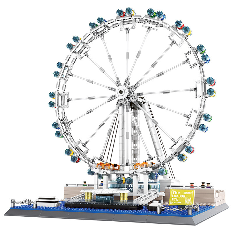 WANGE London Eye building blocks model with detailed circular wheel, support structure, and base platform, showcasing a clean and complete architectural display piece