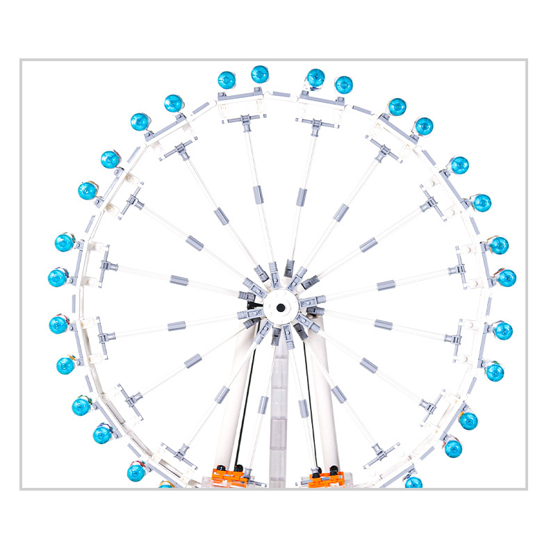 London Eye building blocks model close-up showing wheel structure, spokes, and capsule details with transparent blue cabins