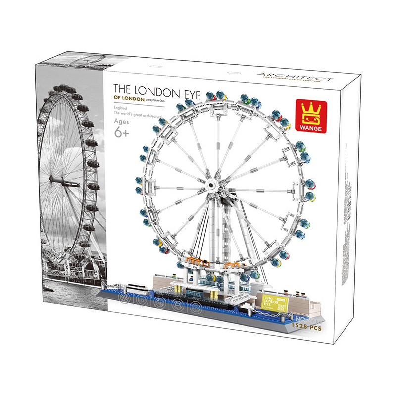 WANGE London Eye building blocks set packaging box featuring model image, landmark design, and 1528 pieces architecture series presentation