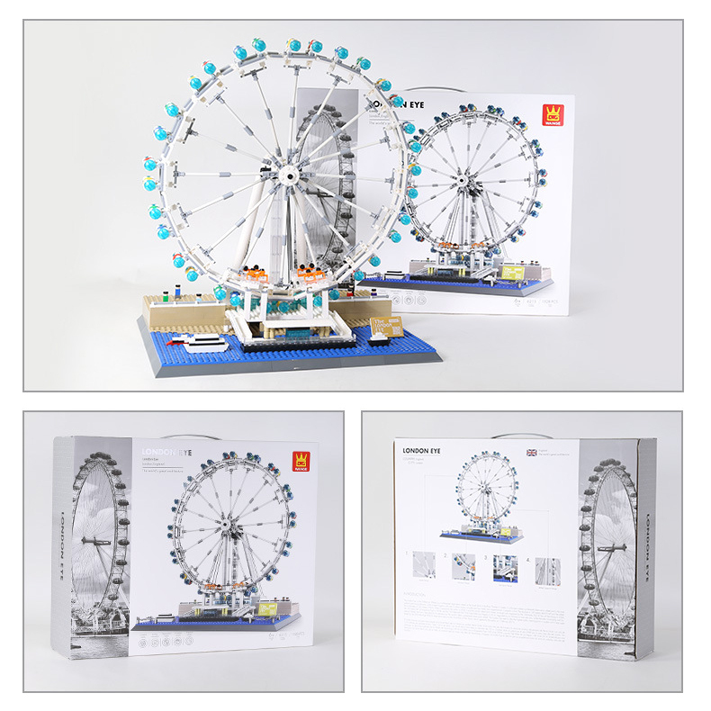 WANGE London Eye building blocks model displayed with packaging box, highlighting completed structure and product presentation for display and collection
