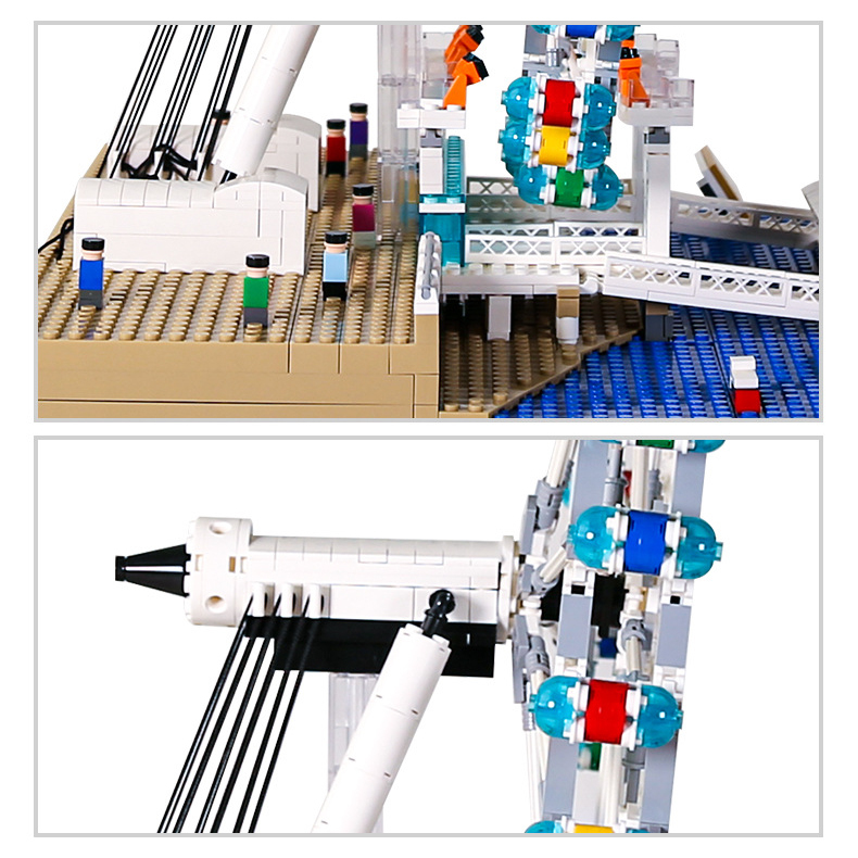London Eye building blocks model close-up highlighting base platform, support structure, and mechanical details of the wheel connection