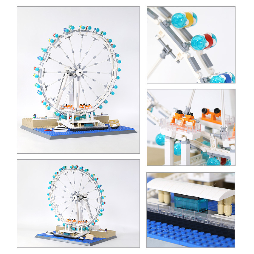 London Eye building blocks model showing multiple angles and close-up details, including capsules, support structure, and base platform design
