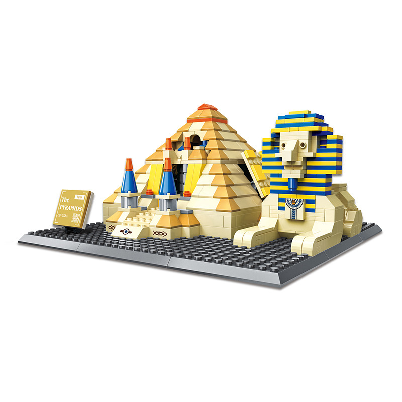 Great Pyramids of Giza building blocks set with detailed pyramid design and Sphinx model on a base, showcasing architectural details and balanced color tones for display