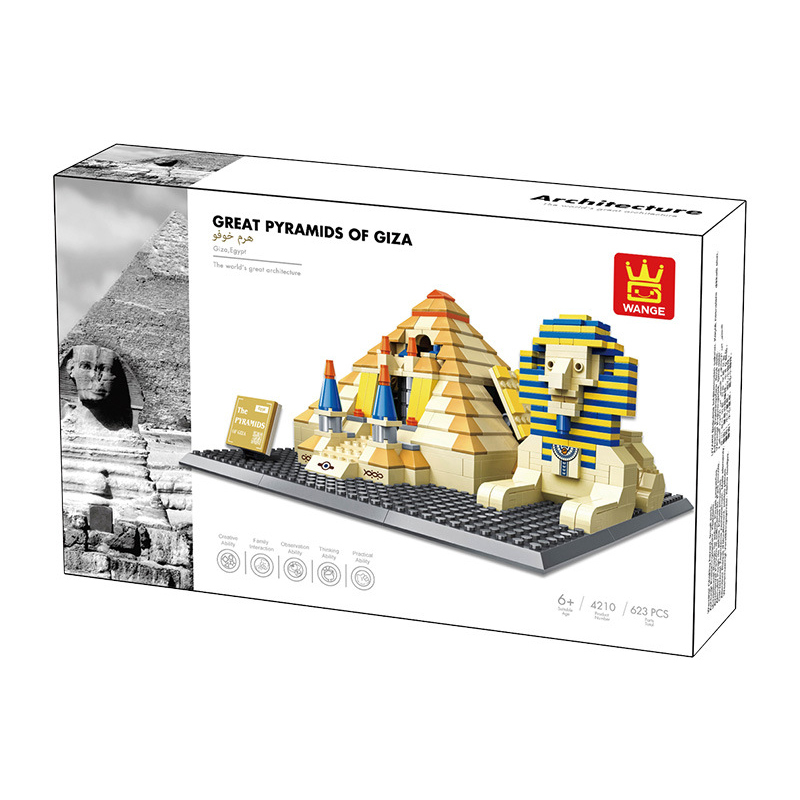 WANGE Great Pyramids of Giza building blocks color box packaging featuring pyramid structures and Sphinx design with product details and architecture series branding