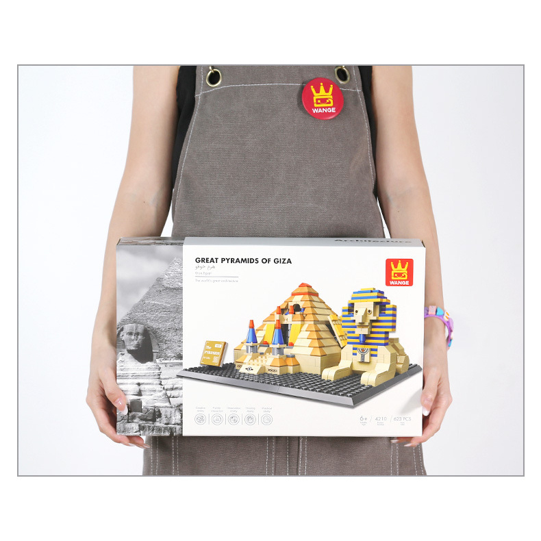 Great Pyramids of Giza building blocks set in color box packaging, showing front design, product scale reference, and detailed architecture model illustration