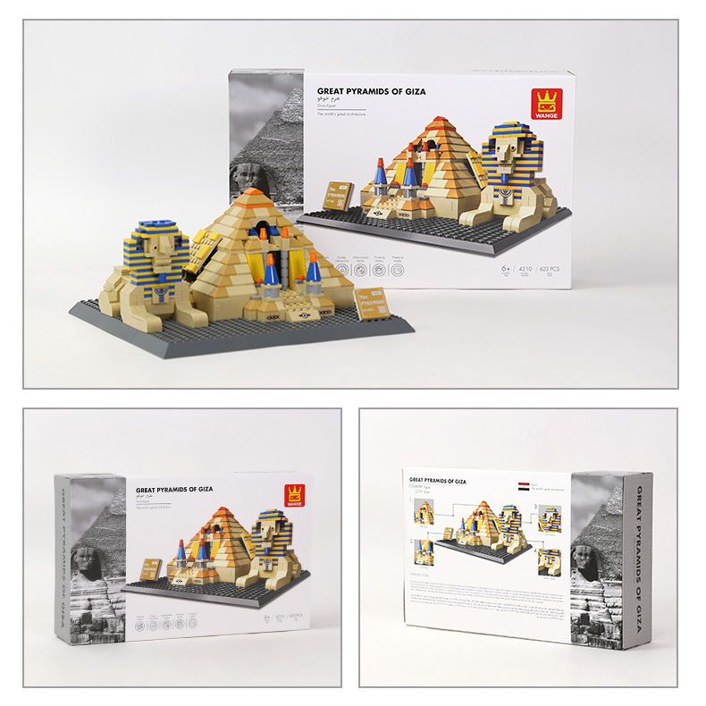Great Pyramids of Giza building blocks set with assembled model and color box packaging, highlighting product presentation, structure, and collectible display appeal