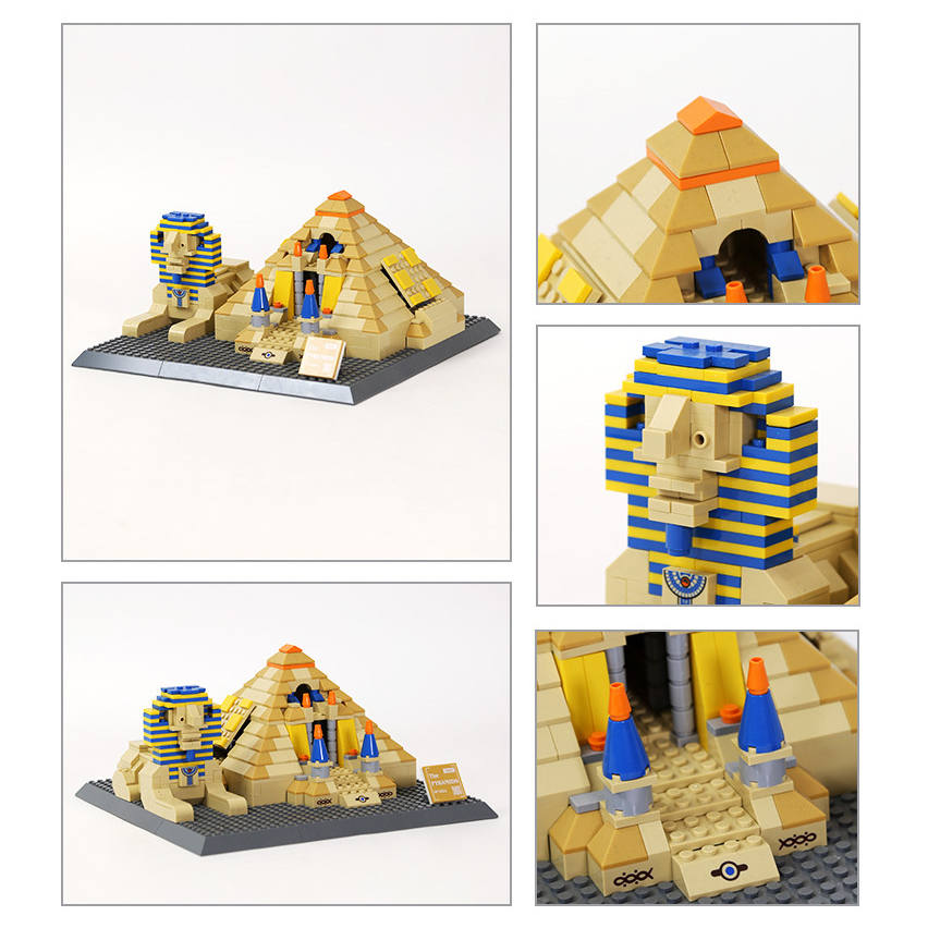 Great Pyramids of Giza building blocks model collage showing multiple angles, pyramid structure, Sphinx figure, and close-up architectural details on a display base