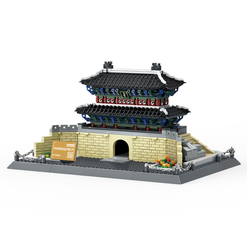 WANGE Namdaemun building blocks model showing detailed layered roof, arched entrance, and architectural structure on display base