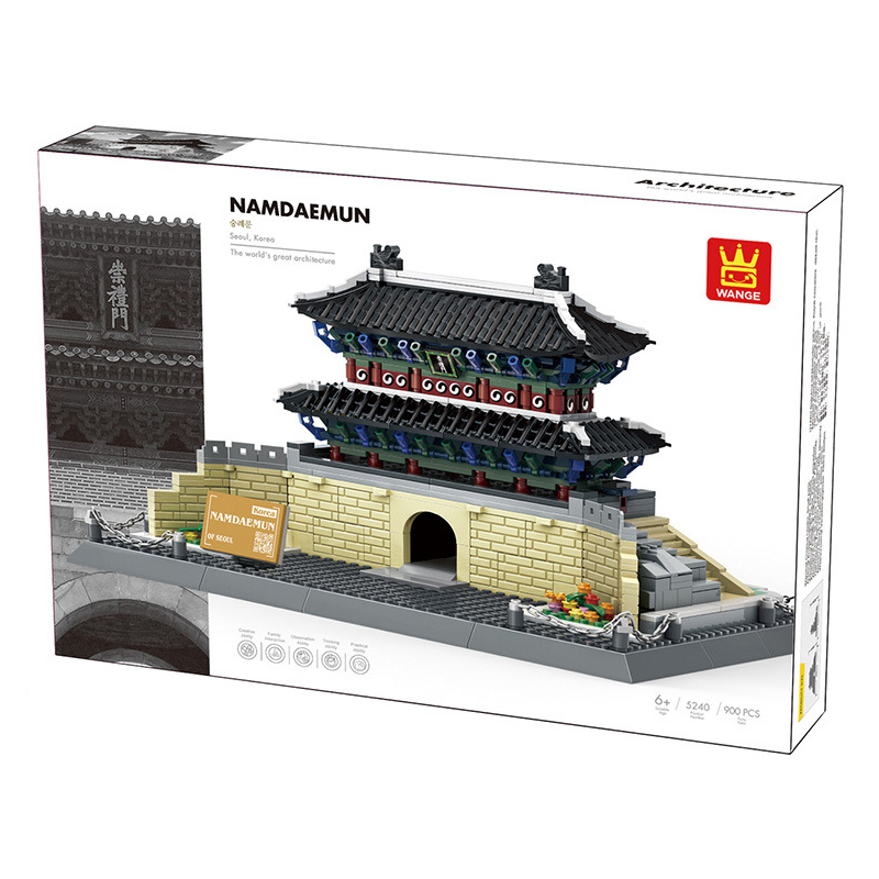 WANGE Namdaemun building blocks set packaging showing model design, architecture series branding, and 900 pieces set details