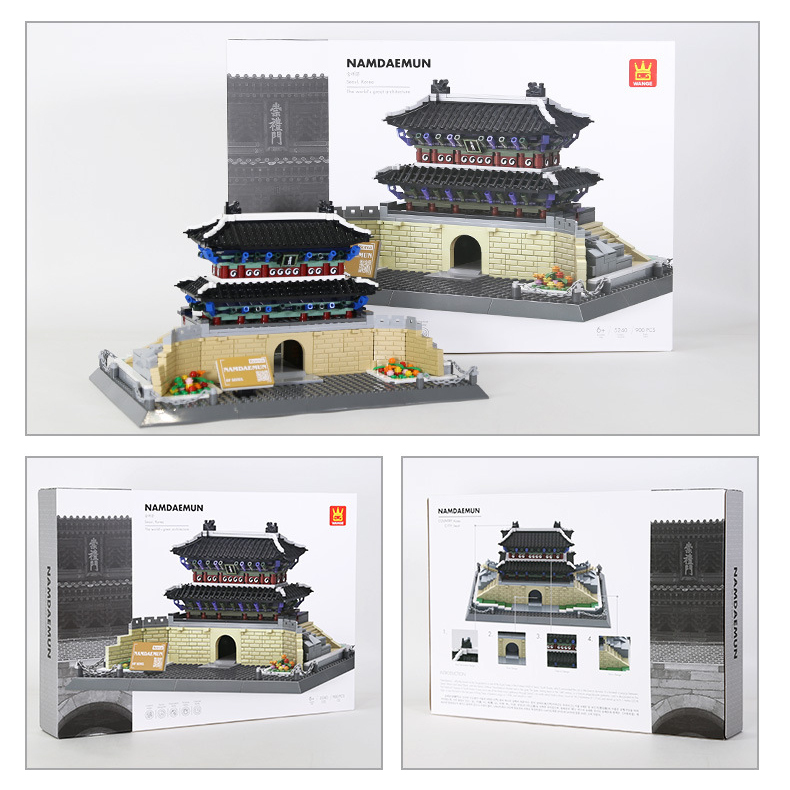WANGE Namdaemun building blocks model displayed with packaging box, showing completed structure and architecture series presentation