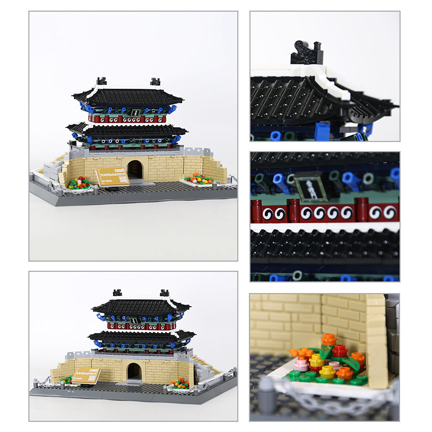 Namdaemun building blocks model collage showing detailed roof tiles, decorative patterns, stone base, and miniature landscape elements