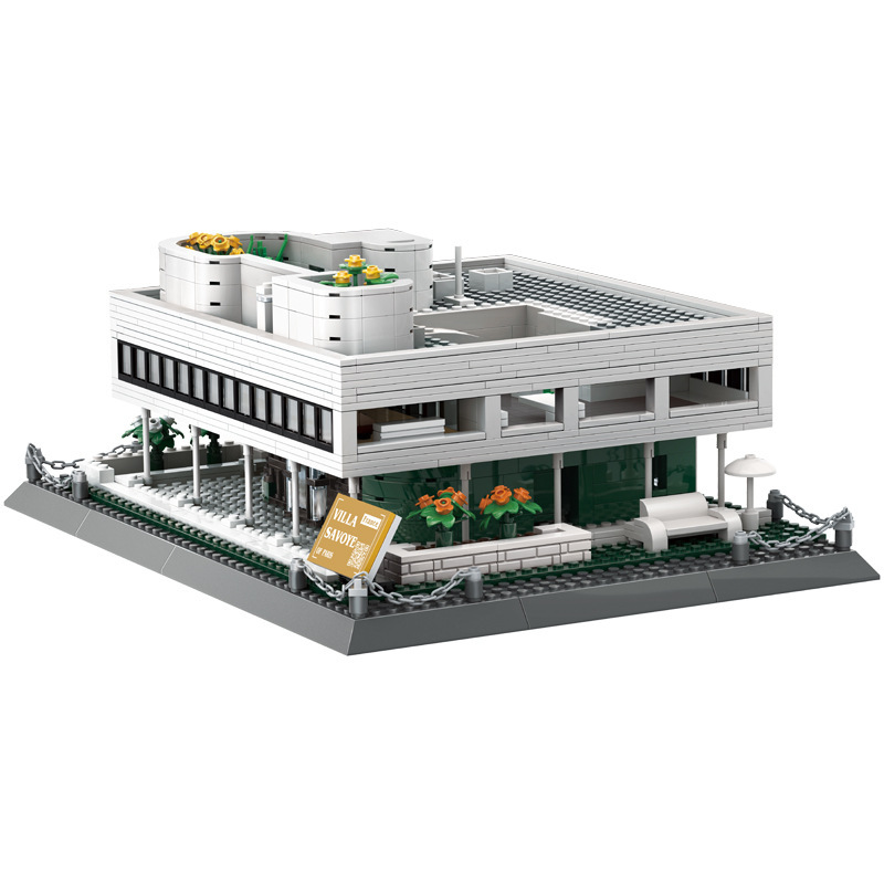 WANGE Villa Savoye building blocks set showcasing minimalist architecture style, detailed facade, open layout, and realistic garden elements for display and collection