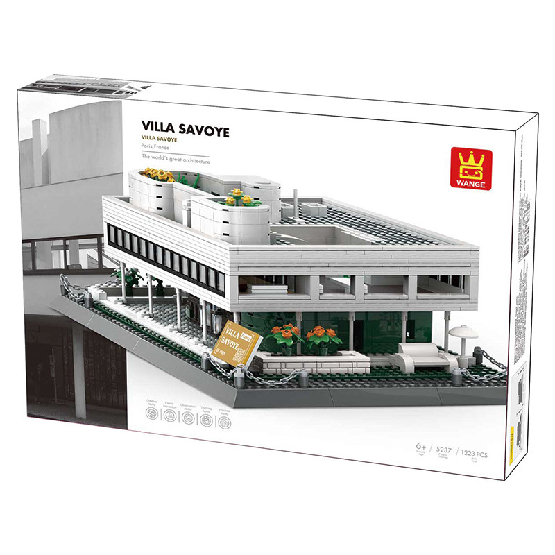 WANGE Villa Savoye building blocks packaging box featuring Paris France modern architecture model, showing completed build design and product details for display and gifting