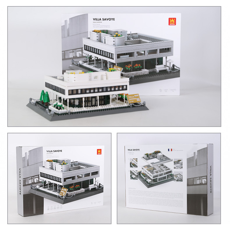 WANGE Villa Savoye building blocks set with completed model and packaging box, showing front and back design, product details, and display-ready architecture model