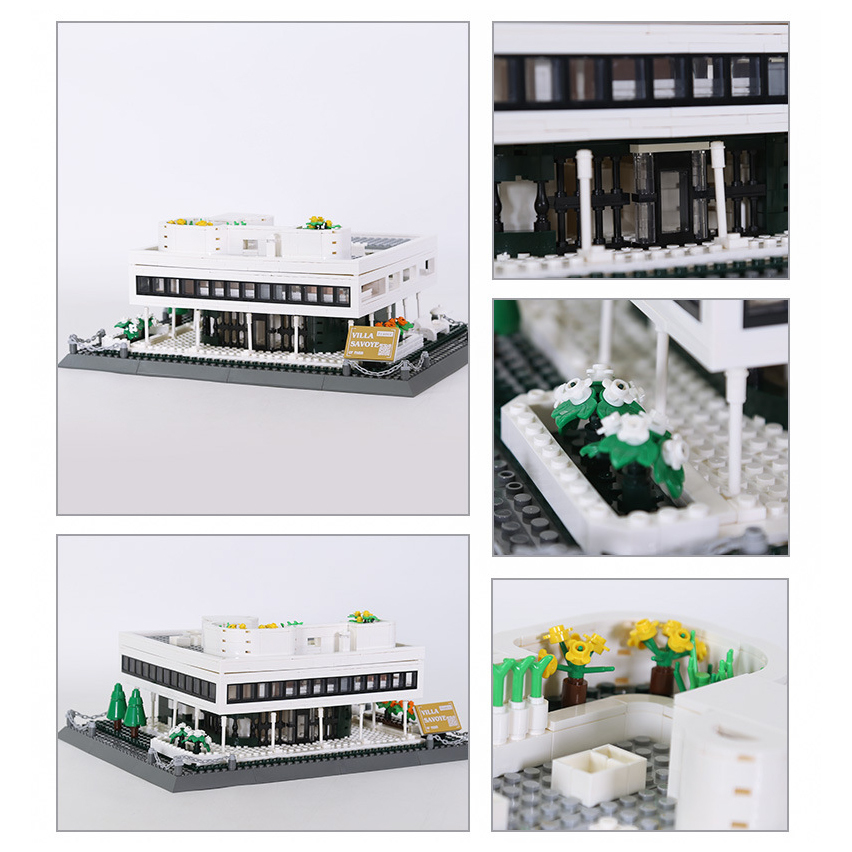 Villa Savoye Paris building blocks model collage showcasing multiple angles, detailed facade, garden elements, and rooftop design in modern architecture style