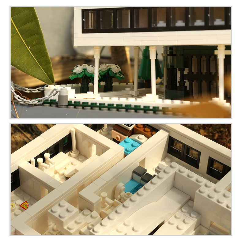 Villa Savoye building blocks model close-up collage showing pillar structure, garden details, and interior layout with miniature rooms and architectural elements
