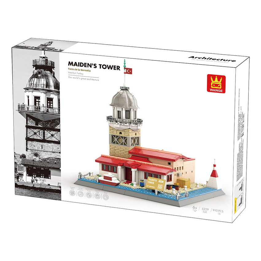 WANGE Maiden’s Tower building blocks set packaging box featuring completed model design and architecture series branding