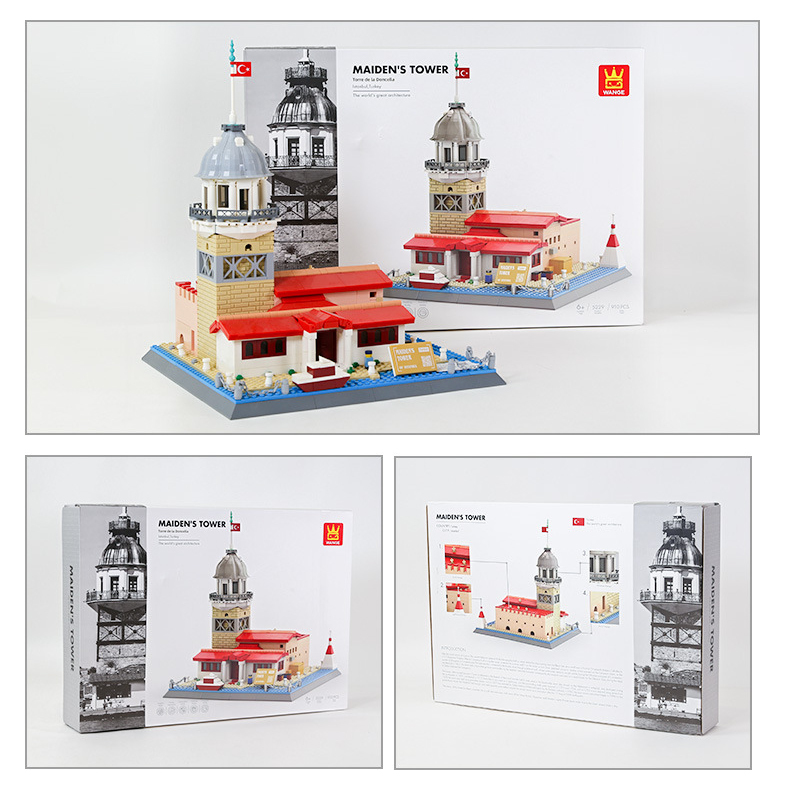 WANGE Maiden’s Tower building blocks set with completed model and packaging box, showing front and back design with architecture details and instructions overview