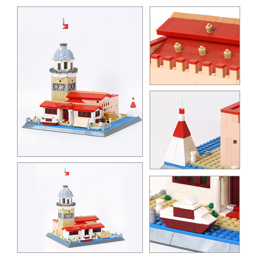Maiden’s Tower building blocks model with multiple views highlighting tower structure, red roof details, lighthouse element, and waterfront base features