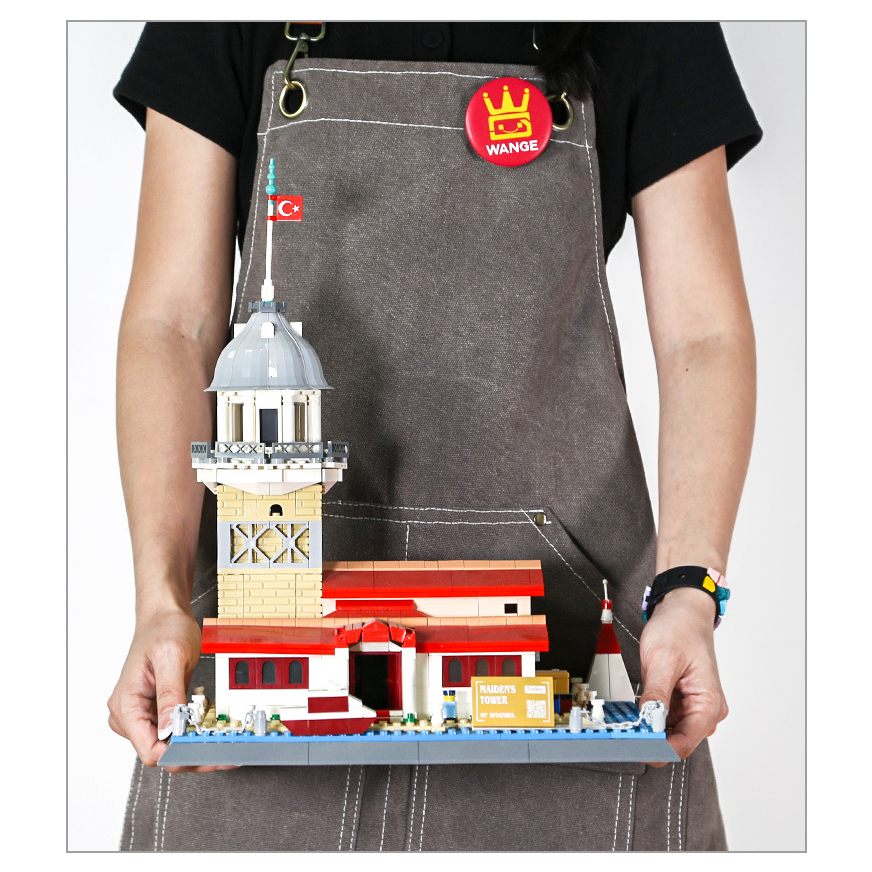 WANGE Maiden’s Tower building blocks completed model displayed with detailed tower, red roof structure, and scenic base for size reference