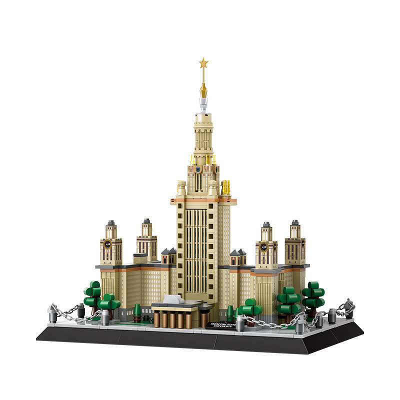 WANGE Moscow State University building blocks model with 875 pieces, showcasing intricate details, central spire, and balanced layout, ideal for desk or shelf display