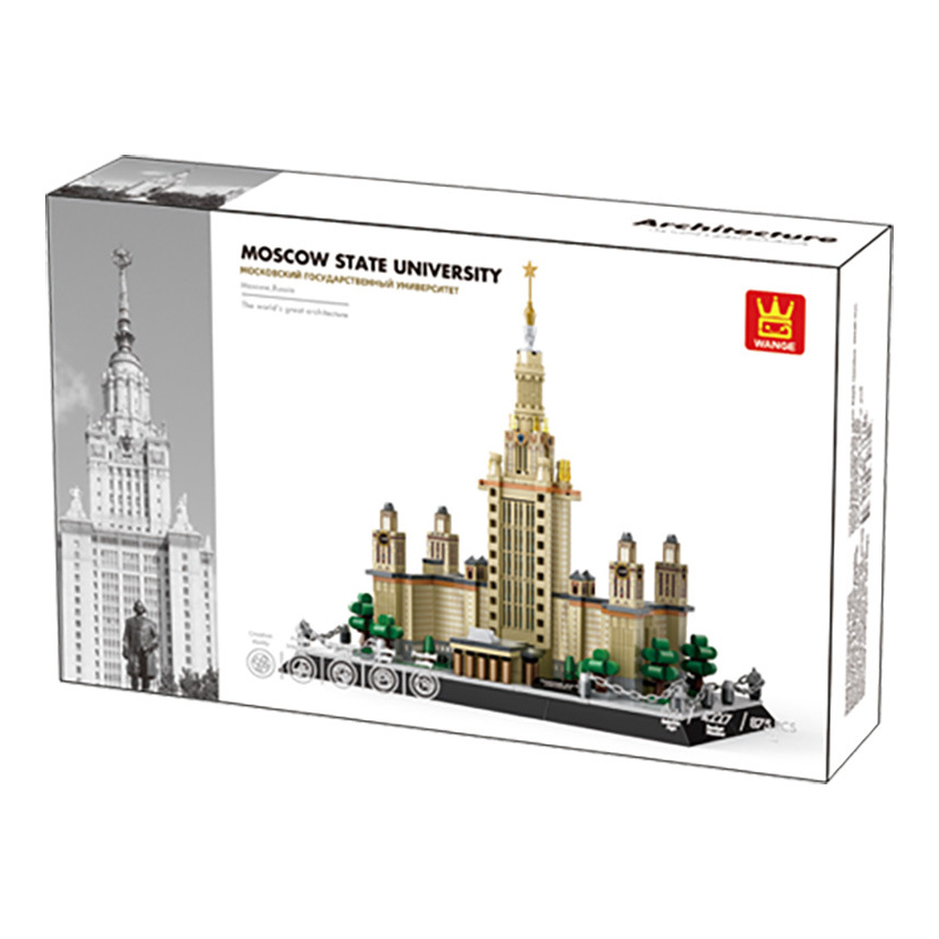 WANGE Moscow State University building blocks packaging box showing assembled model design, architectural details, and clean presentation, suitable for gifting and collection