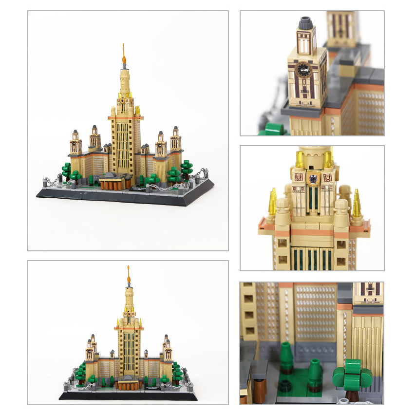 Moscow State University building blocks model shown from multiple angles with close-up details of tower, facade, and surrounding elements, highlighting intricate design and structure