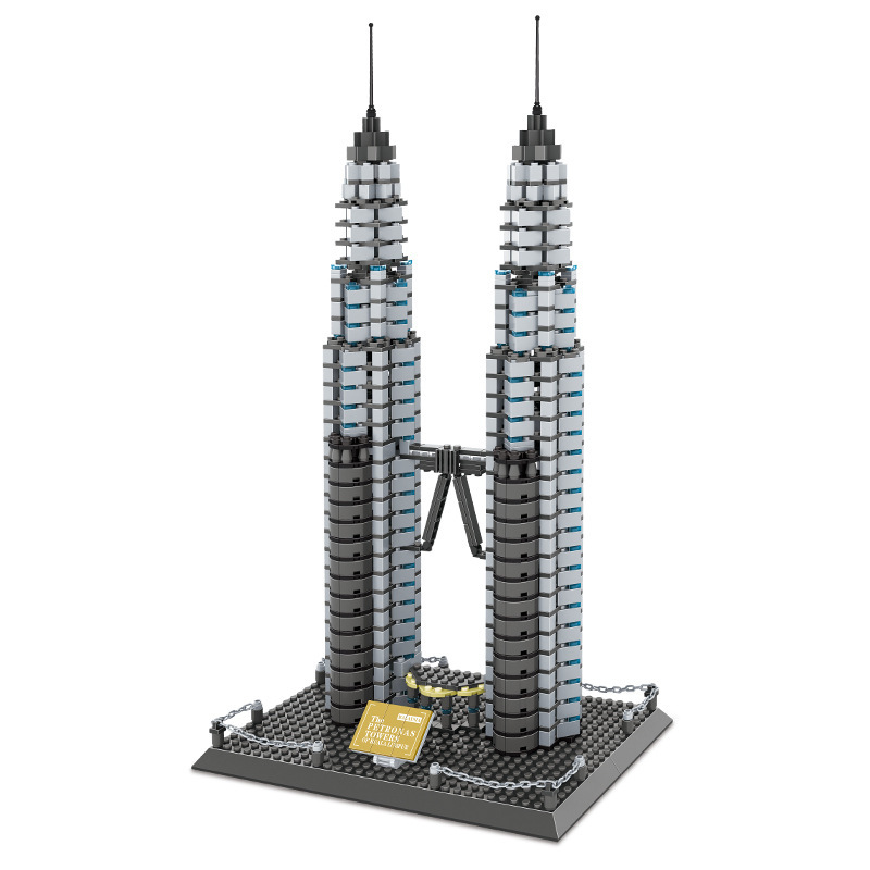 Petronas Twin Towers building blocks model isolated view, symmetrical twin tower structure with skybridge connection and detailed base, collectible architecture model