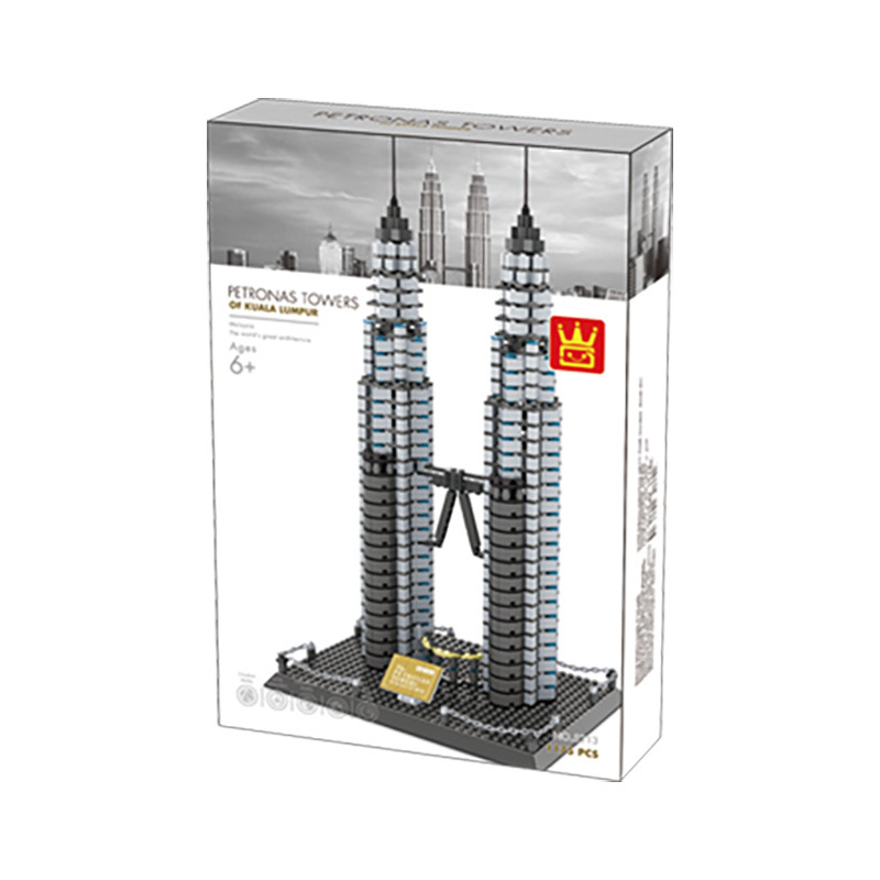 Petronas Twin Towers building blocks set packaging box, product box design featuring twin tower model image and WANGE branding, architecture model kit presentation