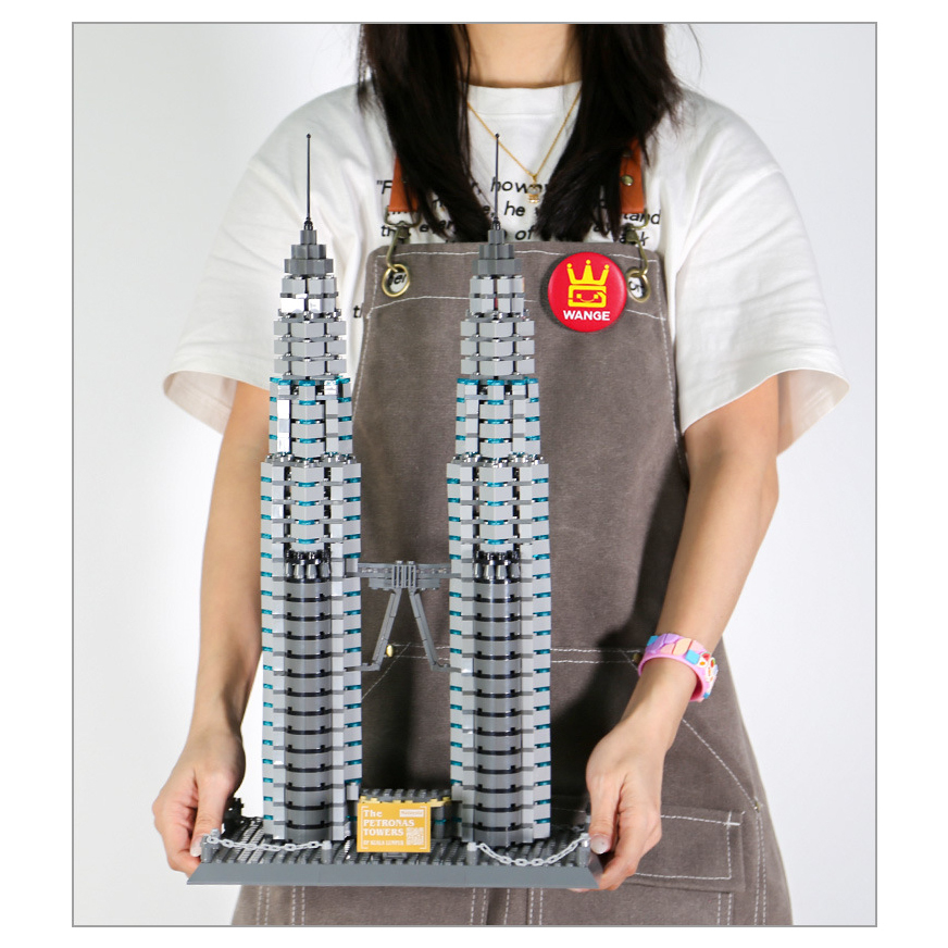 Petronas Twin Towers building blocks model size reference, completed twin tower structure with skybridge, detailed architectural display piece for home or collection