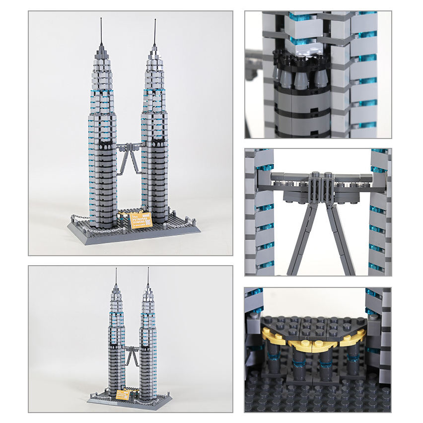 Petronas Twin Towers building blocks model multi view, full structure and close up details including skybridge connection, tower facade, and base platform design