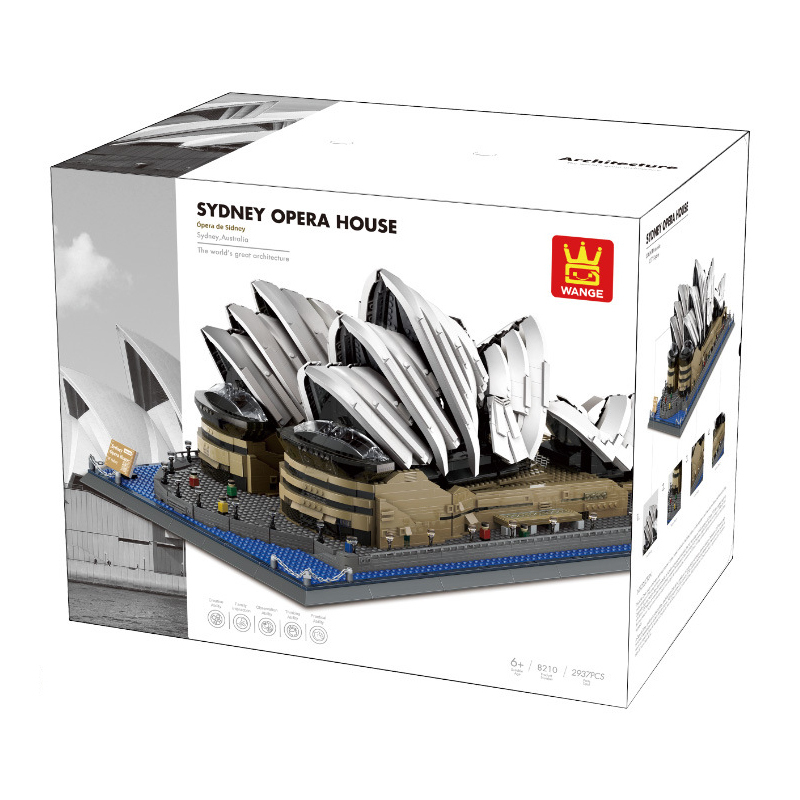 WANGE Sydney Opera House building blocks set packaging showing completed model design and architectural details