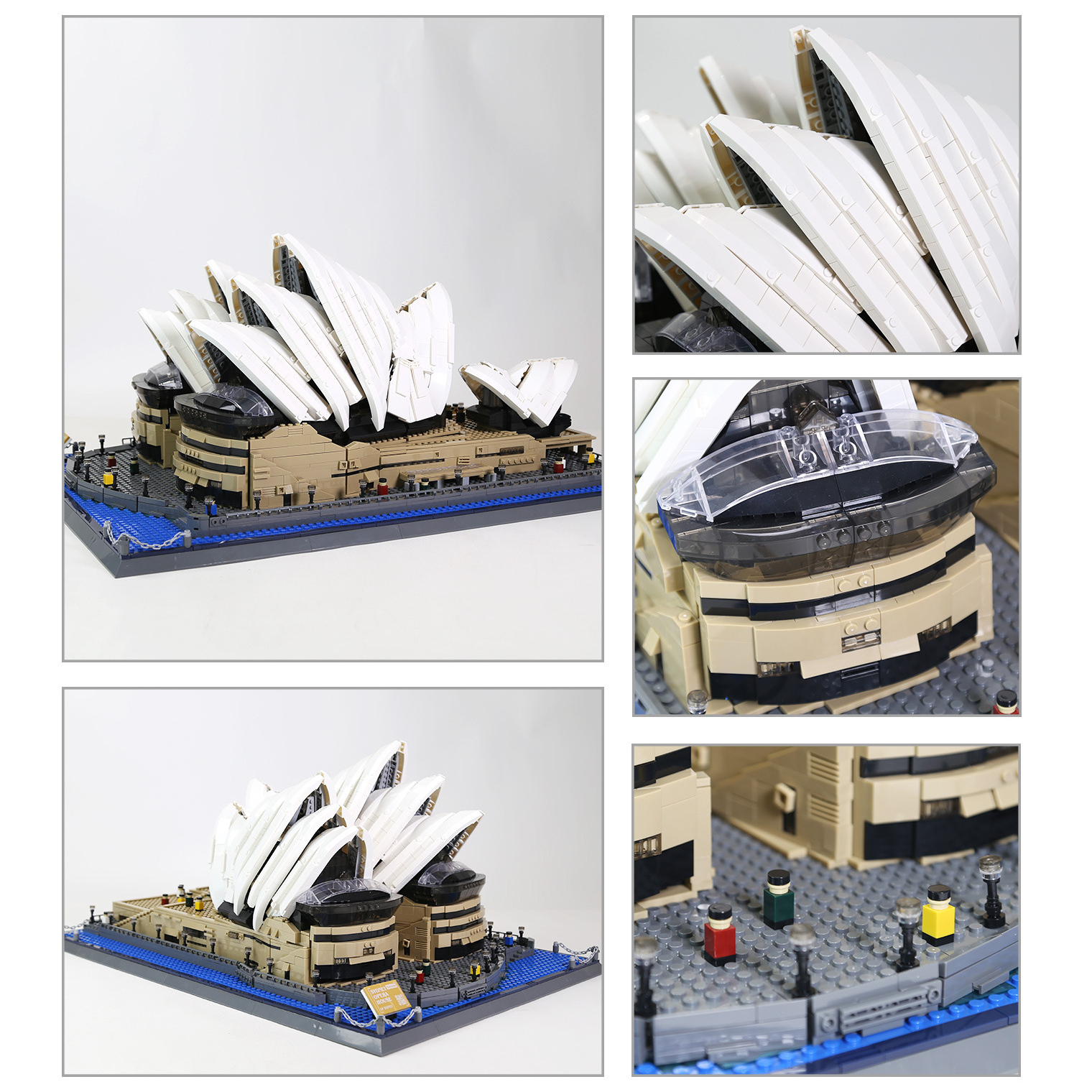 Sydney Opera House building blocks model with multiple angles and close-up details of roof shells, base, and waterfront platform