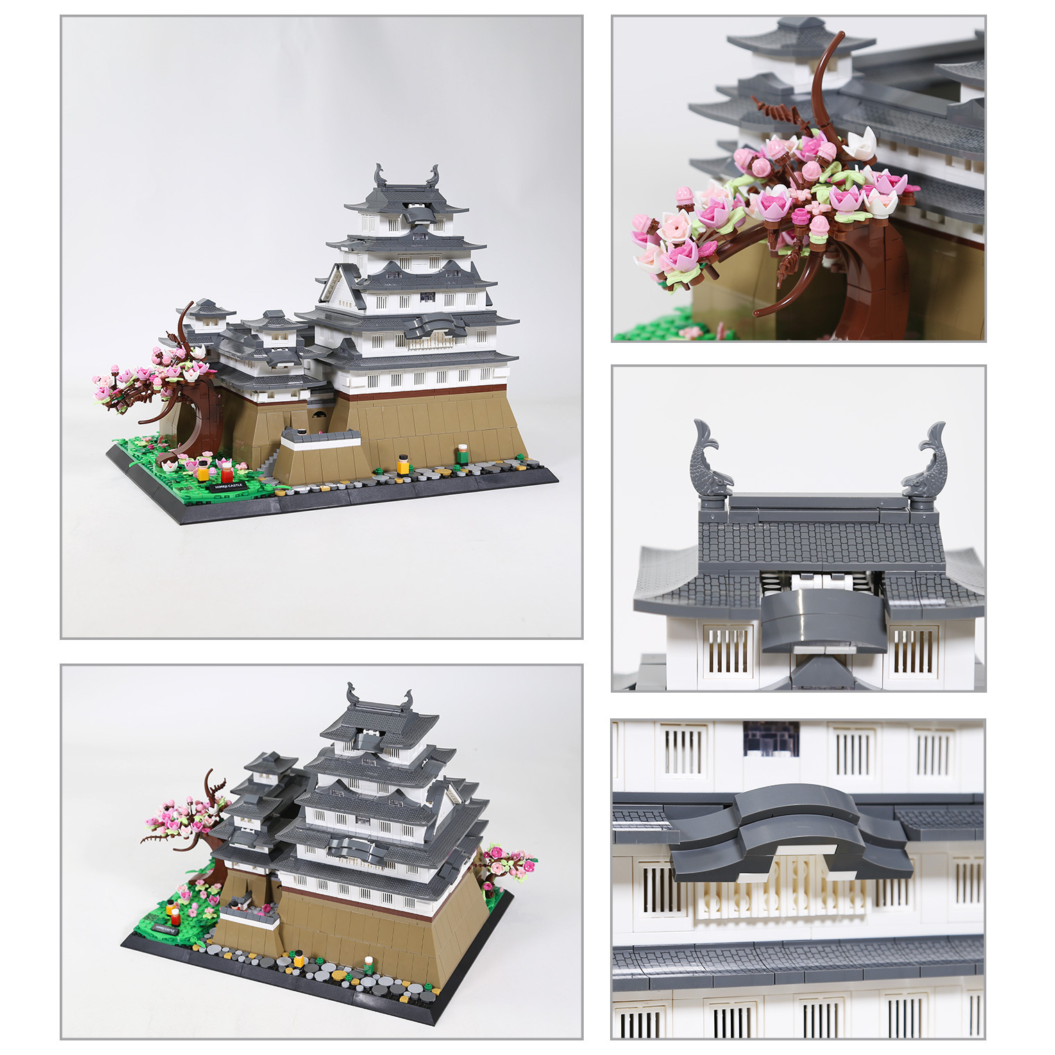 WANGE Himeji Castle building blocks model with multiple views and close-up details, showcasing layered roofs, cherry blossom tree, and architectural textures on a clean background
