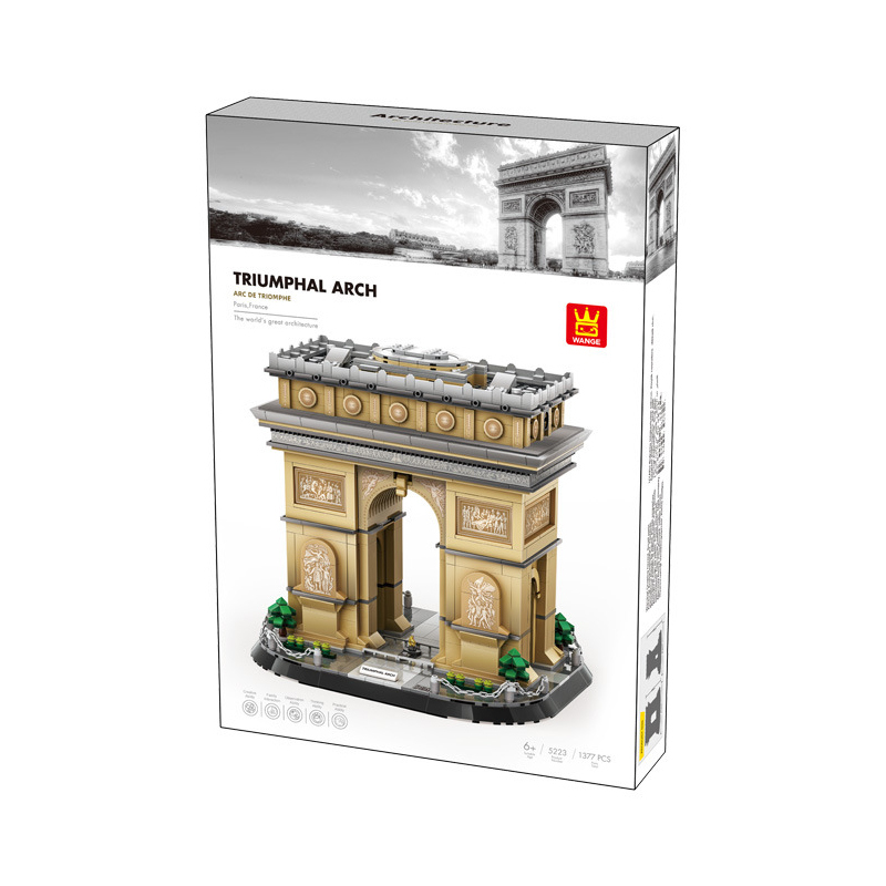 Arc de Triomphe building blocks set packaging box featuring completed model design and architectural landmark illustration