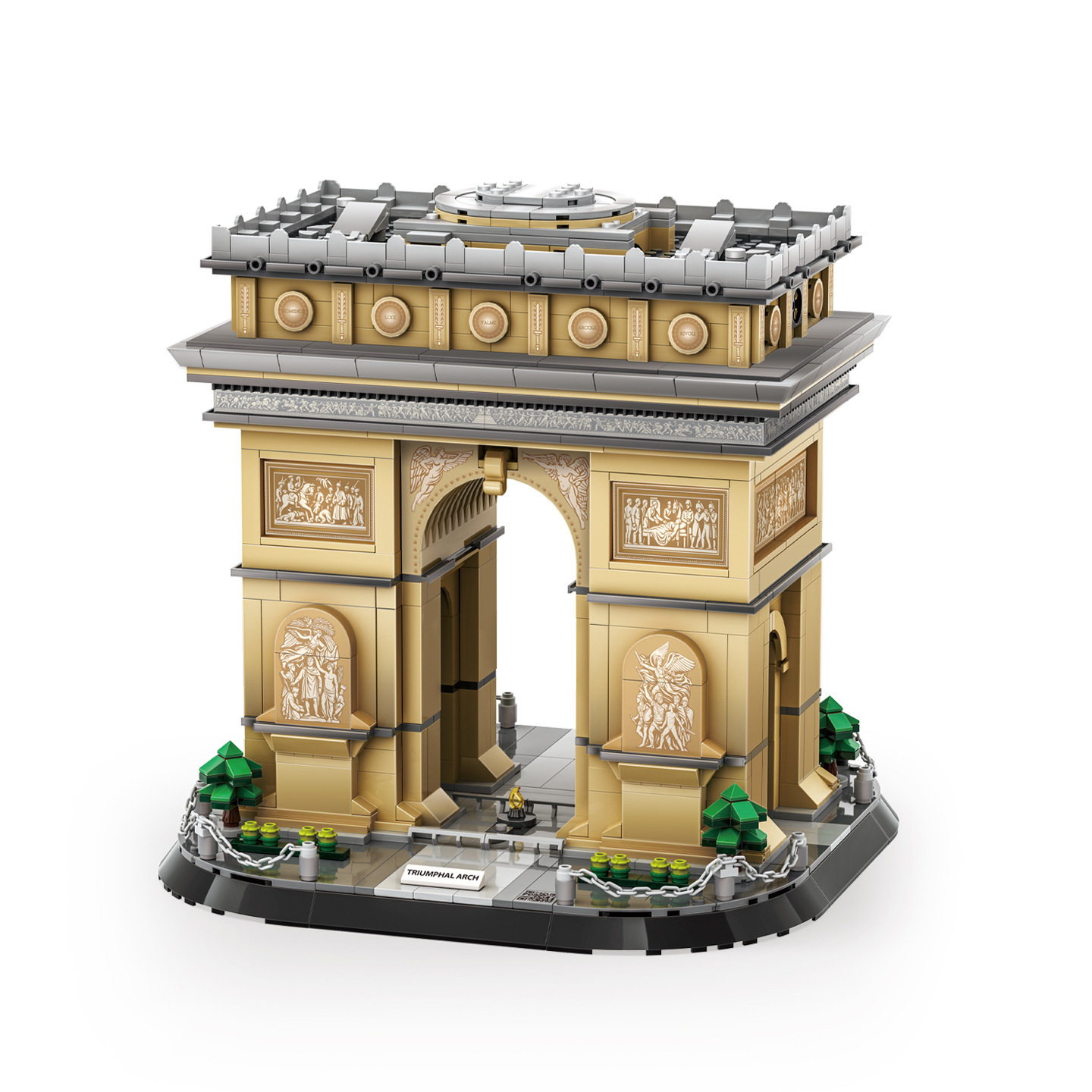 Arc de Triomphe building blocks model showing intricate architectural details, arched passage, and decorative panels on display base
