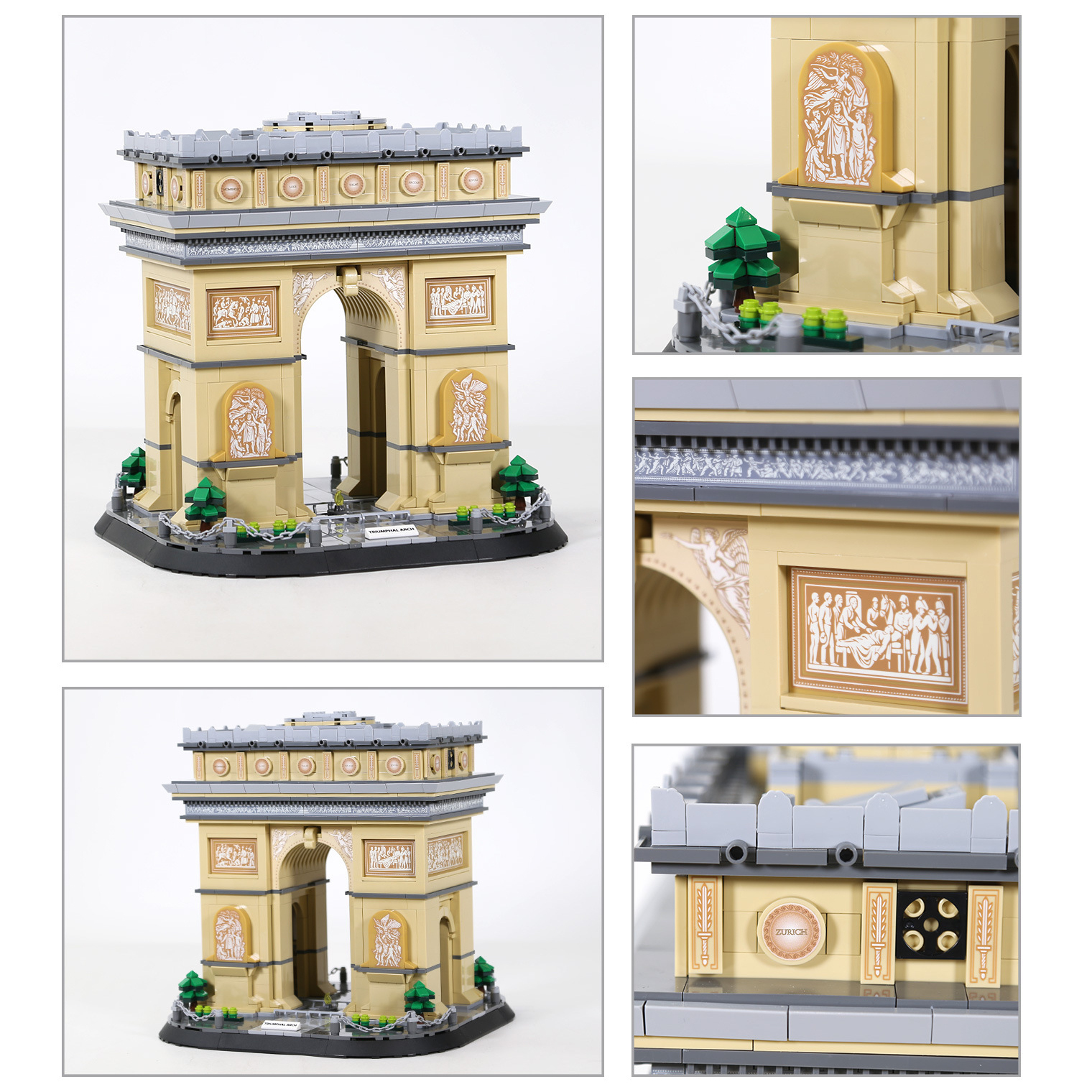 Arc de Triomphe building blocks model collage showing multiple angles, facade details, relief panels, and architectural textures